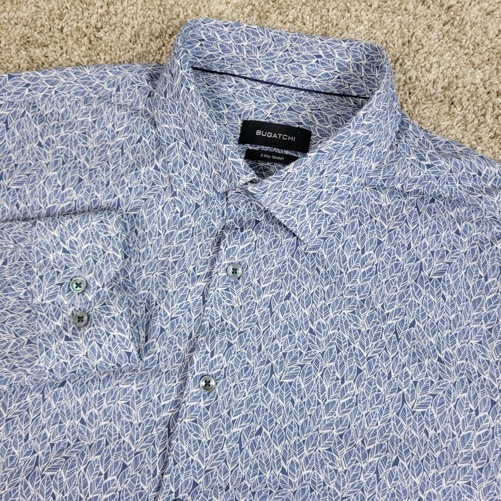 Bugatchi 8 Way Stretch Mens 2XL Blue AOP Floral Button Up Long Sleeve